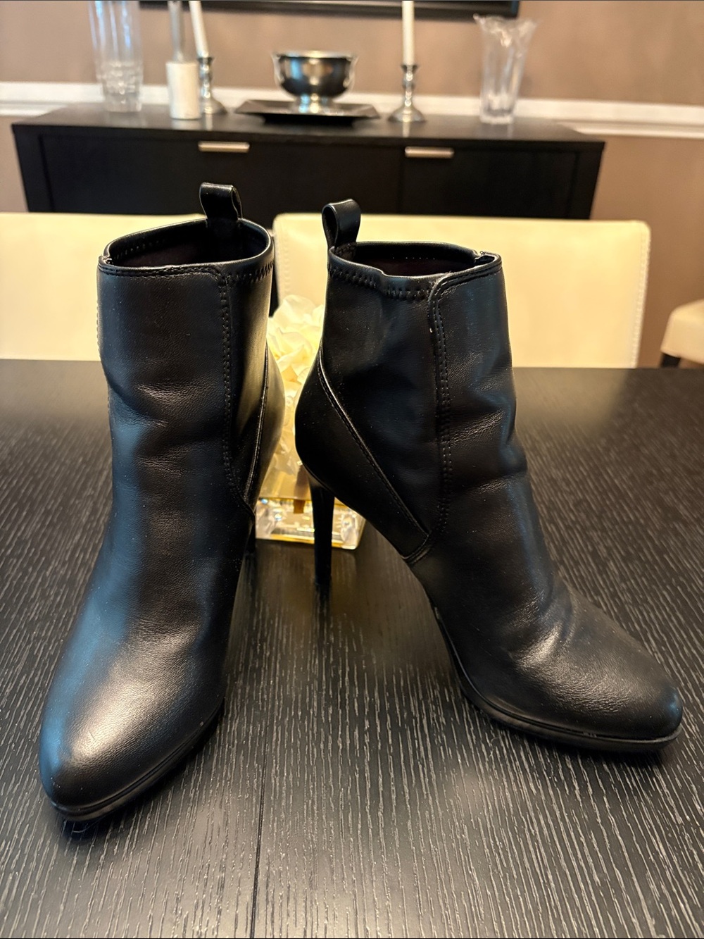 Nine West Black Leather Pointed-Toe Stiletto Ankle Booties